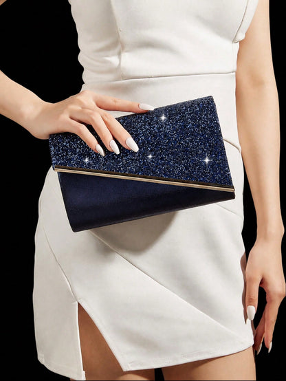 Women's Evening Clutch Bag, Fashionable Solid Color, Shiny Material Women's Handbag, Metal Edge Envelope Bag, Paired With Sparkling Rhinestone Jewelry 3 Pieces Set, Rhinestone Pendant Necklace, Earrin