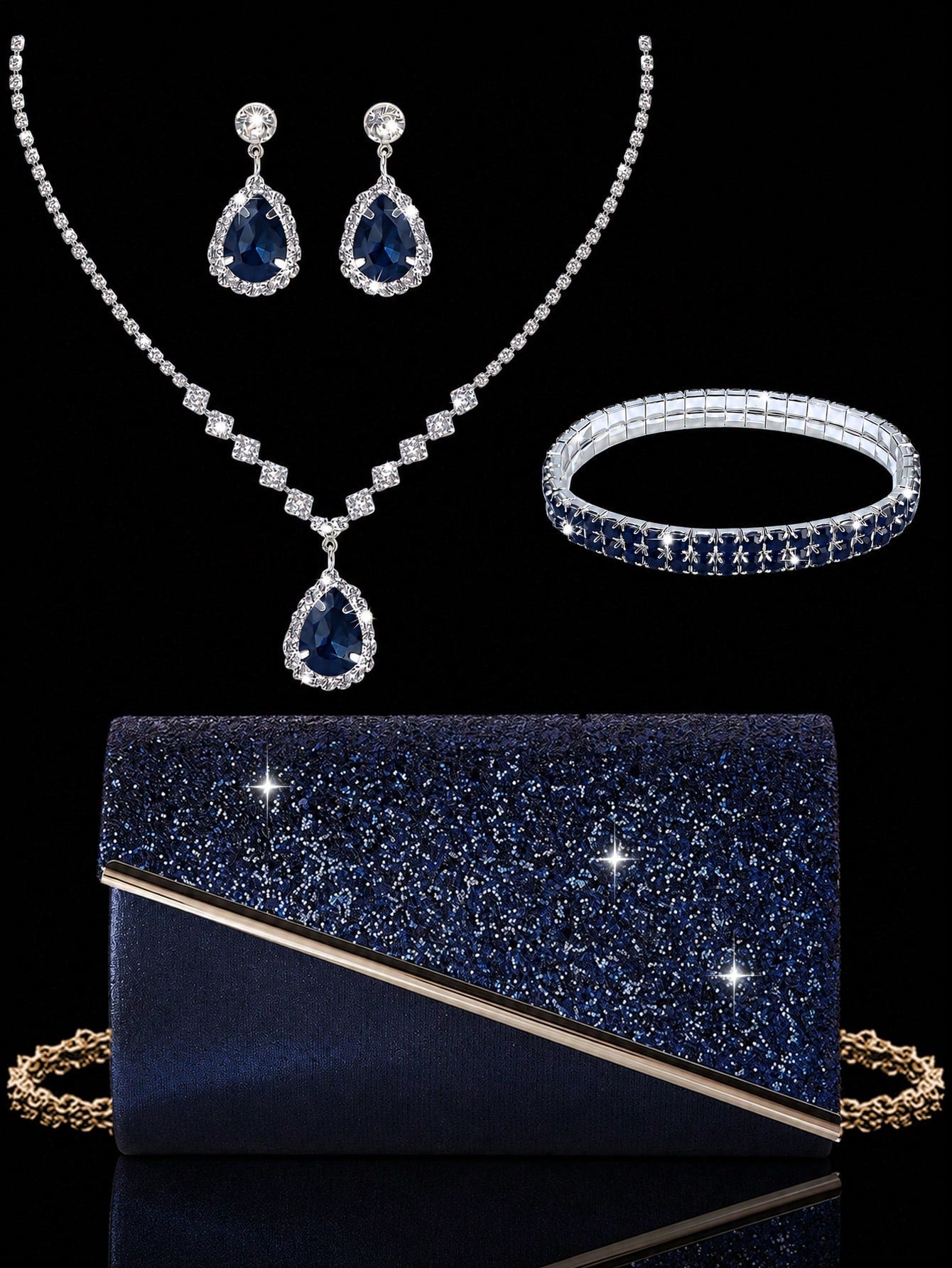 Women's Evening Clutch Bag, Fashionable Solid Color, Shiny Material Women's Handbag, Metal Edge Envelope Bag, Paired With Sparkling Rhinestone Jewelry 3 Pieces Set, Rhinestone Pendant Necklace, Earrin