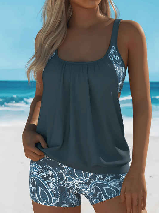 Women's Fashion Printed 2-Piece Tankini Set, Adjustable Strap Full Cup Swimsuit, Boho Style, Suitable For Beach & Pool, Elegant And Lovely, Summer Hawaii Beach Vacation