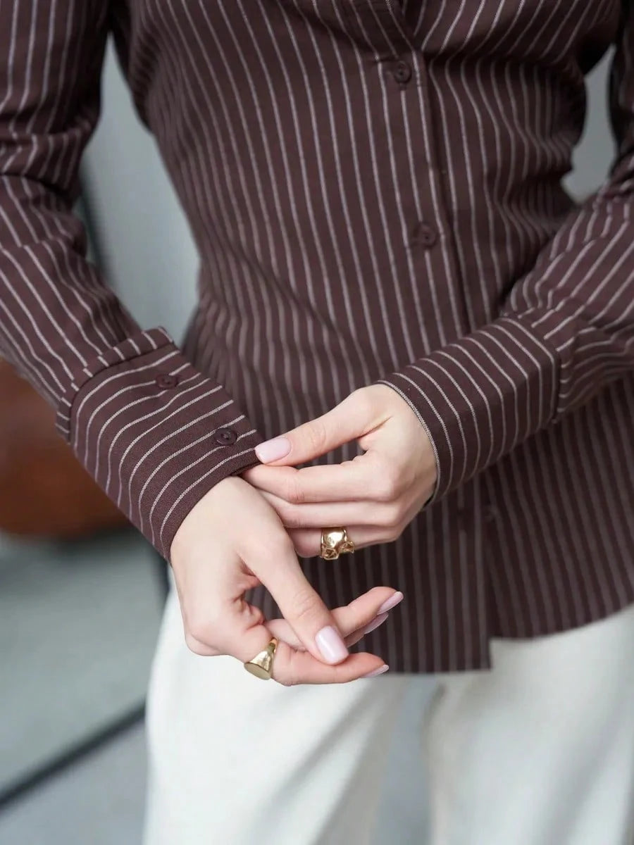 Women's Fashionable Polyester Striped Shirt, Spring/Summer Long Sleeve Button-Up Blouse With Adjustable Waist Tie For Chic Elegant Look