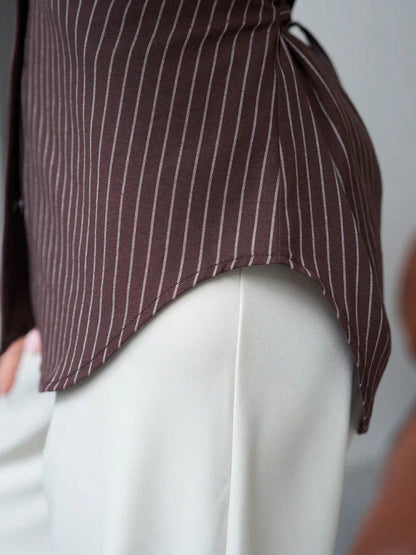Women's Fashionable Polyester Striped Shirt, Spring/Summer Long Sleeve Button-Up Blouse With Adjustable Waist Tie For Chic Elegant Look