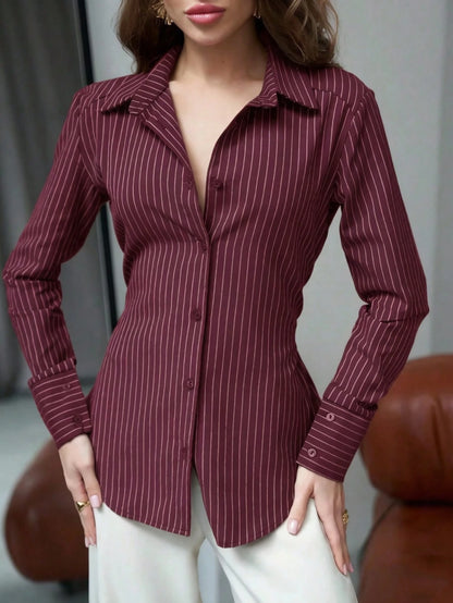 Women's Fashionable Polyester Striped Shirt, Spring/Summer Long Sleeve Button-Up Blouse With Adjustable Waist Tie For Chic Elegant Look