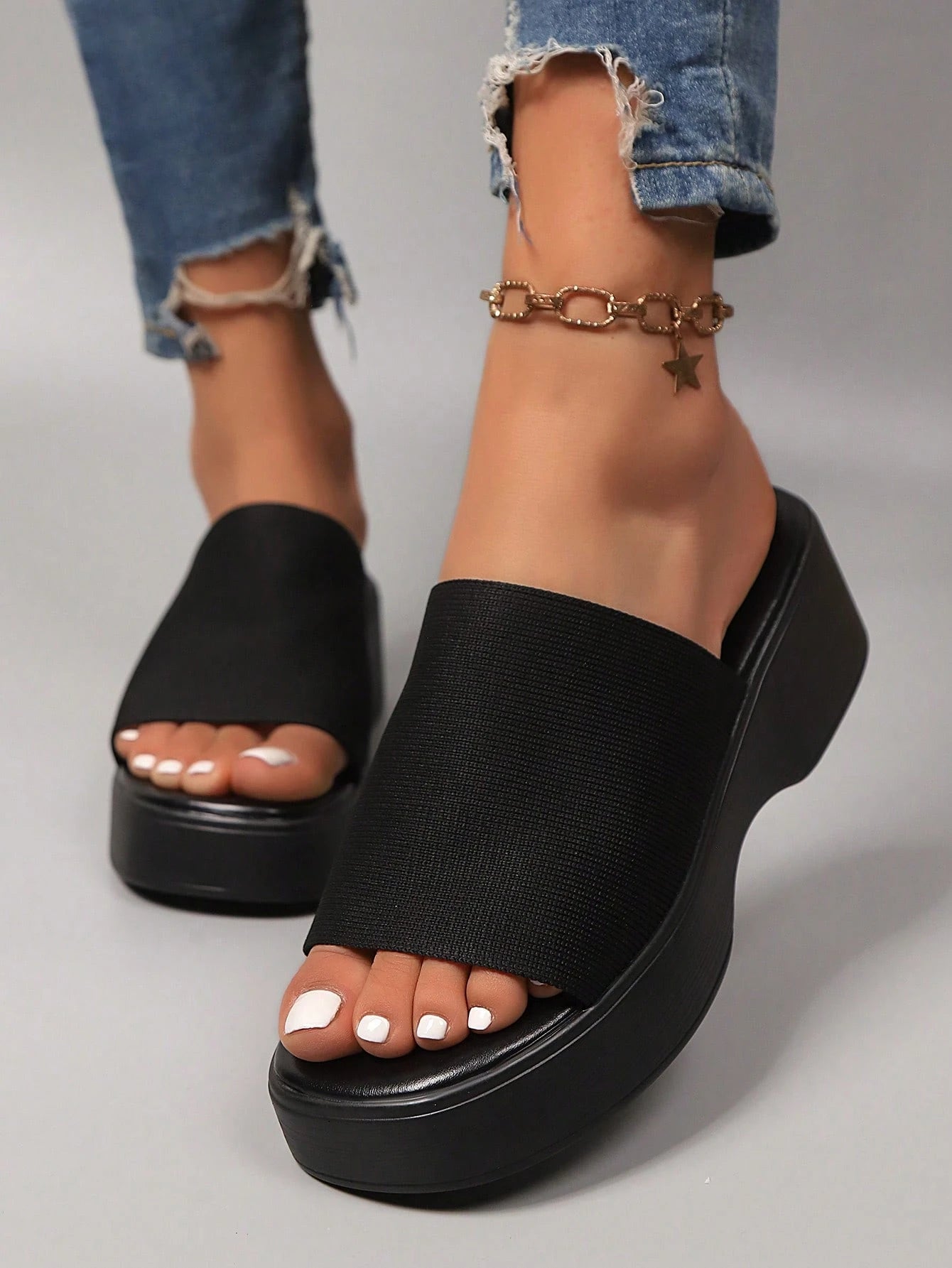 Women's Flat Strap, Flat Sandals, New Summer Thick-Soled Casual Comfortable Slip-On Sandals, Elastic Fabric Square Toe Fashion Slides, Solid Color Beach Slippers, Retro Thick-Soled Slippers