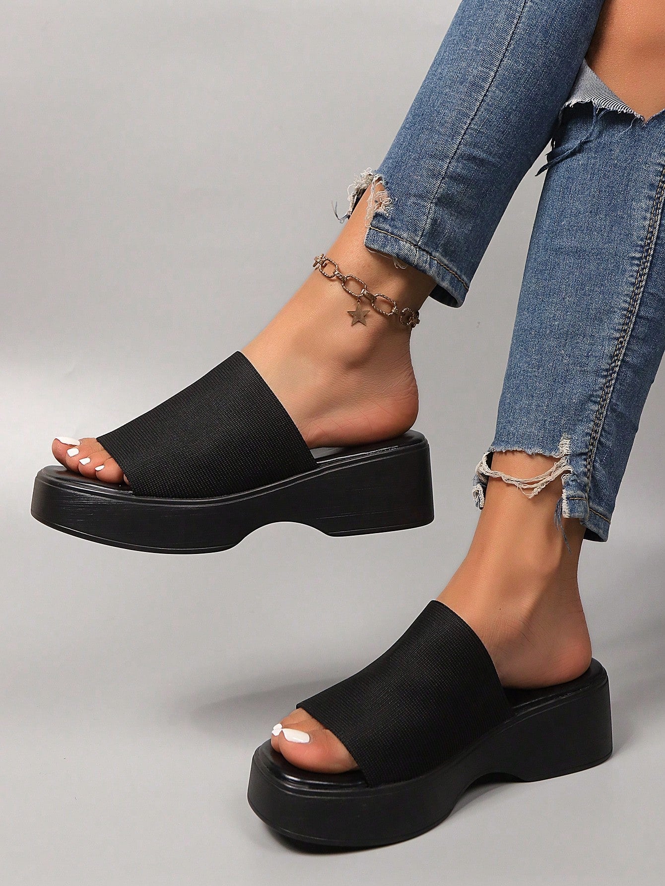Women's Flat Strap, Flat Sandals, New Summer Thick-Soled Casual Comfortable Slip-On Sandals, Elastic Fabric Square Toe Fashion Slides, Solid Color Beach Slippers, Retro Thick-Soled Slippers