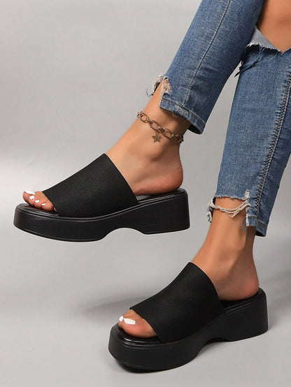 Women's Flat Strap, Flat Sandals, New Summer Thick-Soled Casual Comfortable Slip-On Sandals, Elastic Fabric Square Toe Fashion Slides, Solid Color Beach Slippers, Retro Thick-Soled Slippers