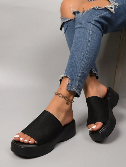 Women's Flat Strap, Flat Sandals, New Summer Thick-Soled Casual Comfortable Slip-On Sandals, Elastic Fabric Square Toe Fashion Slides, Solid Color Beach Slippers, Retro Thick-Soled Slippers