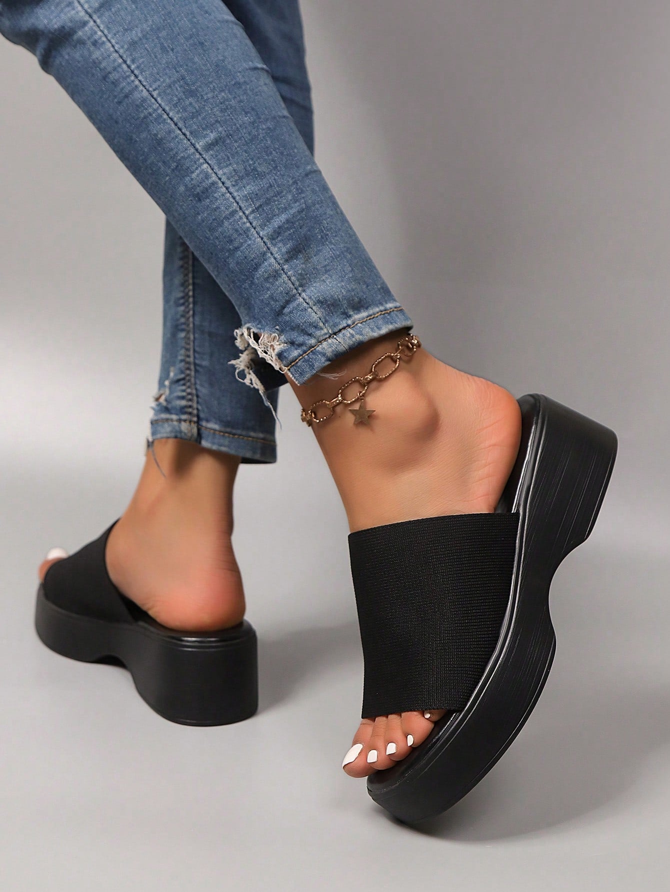 Women's Flat Strap, Flat Sandals, New Summer Thick-Soled Casual Comfortable Slip-On Sandals, Elastic Fabric Square Toe Fashion Slides, Solid Color Beach Slippers, Retro Thick-Soled Slippers