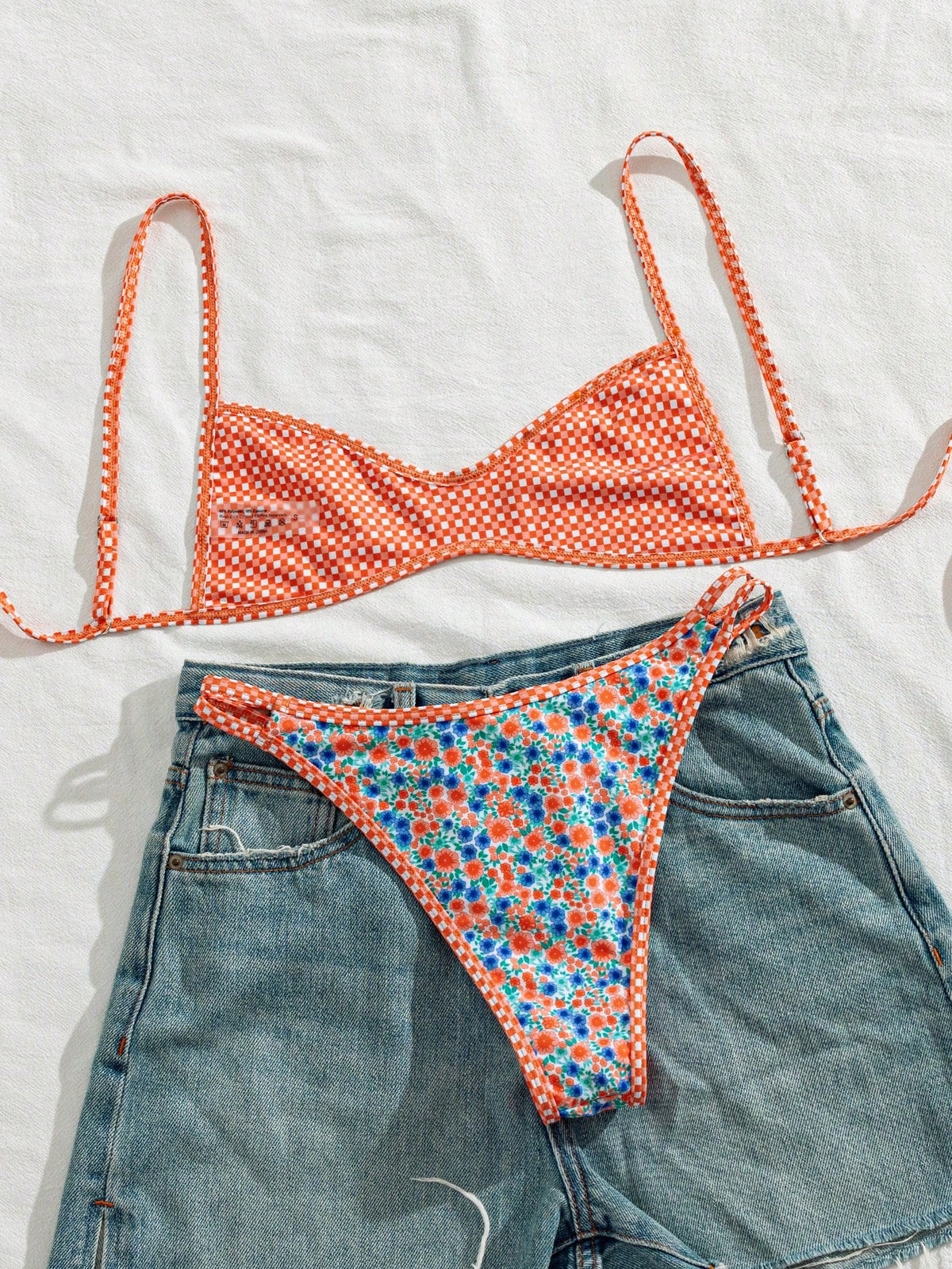 Women's Floral & Plaid Patchwork Flat Chest Spaghetti Strap Bikini 2 Pieces Set Vacation Beach