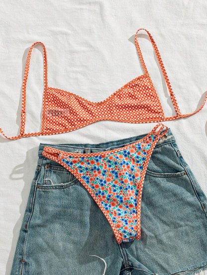 Women's Floral & Plaid Patchwork Flat Chest Spaghetti Strap Bikini 2 Pieces Set Vacation Beach