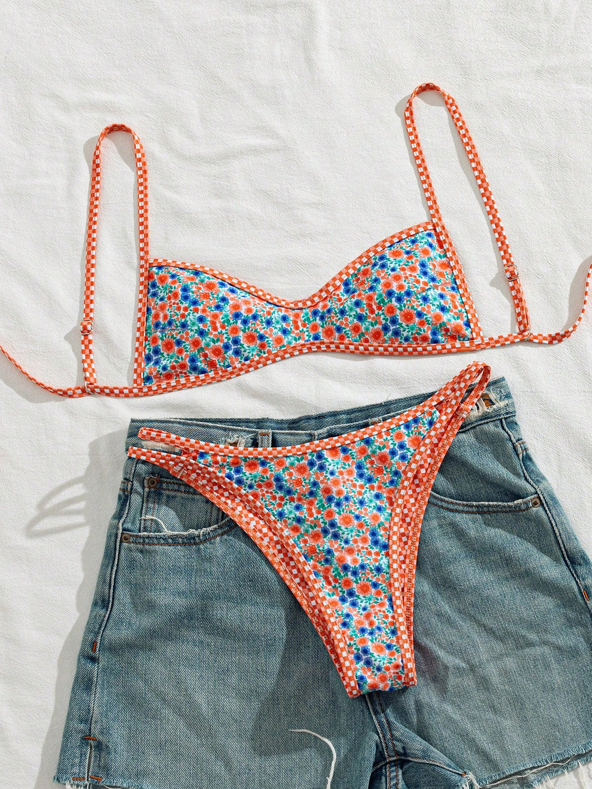 Women's Floral & Plaid Patchwork Flat Chest Spaghetti Strap Bikini 2 Pieces Set Vacation Beach