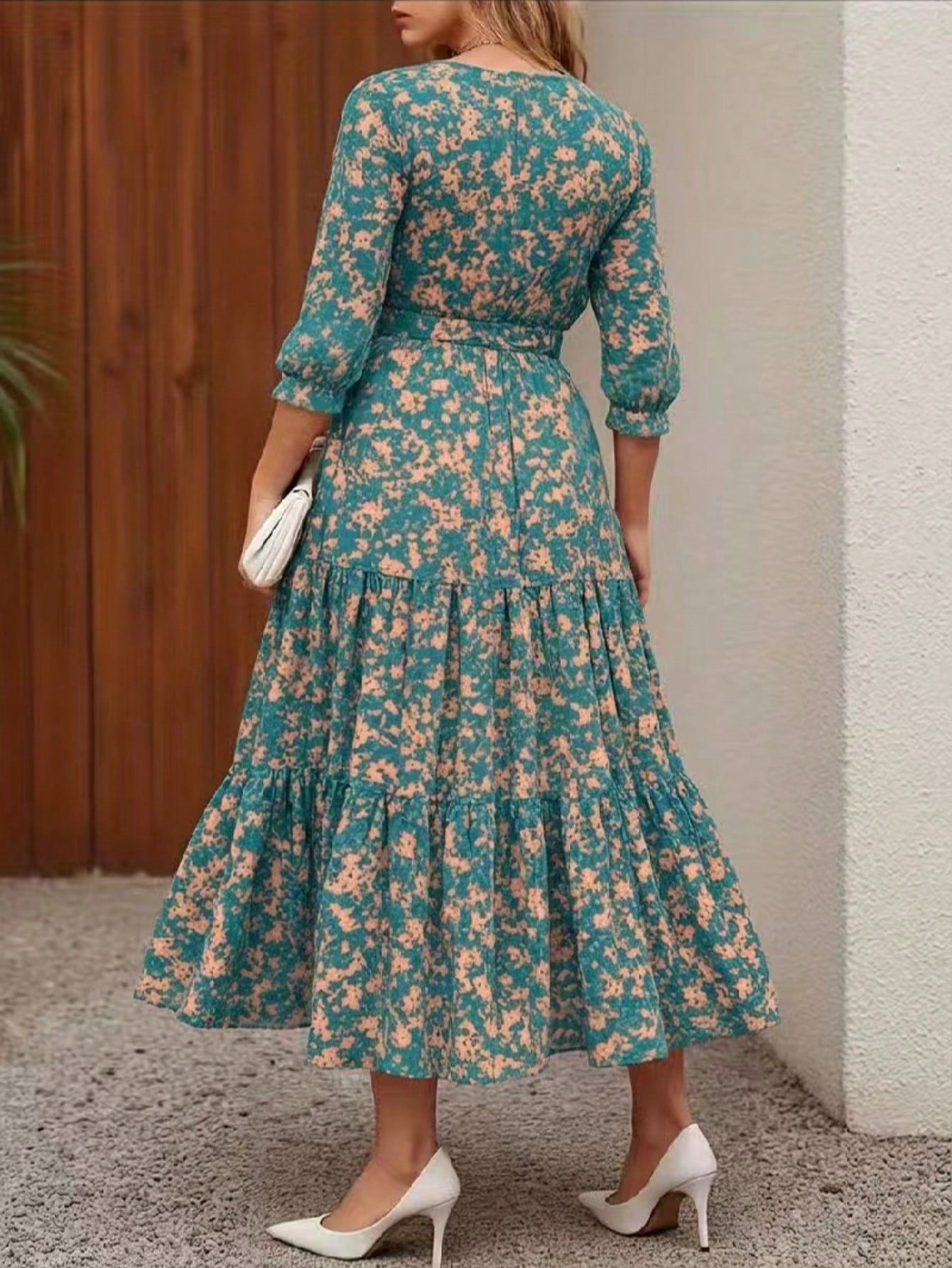 Women's Floral Print Casual Party Woven Fabric Dress With Ruffle Hem, Waist Belt, Pockets, Suitable For Vacation, Beach, Evening Date, Wedding, Office, Elegant Leisure, Spring & Autumn