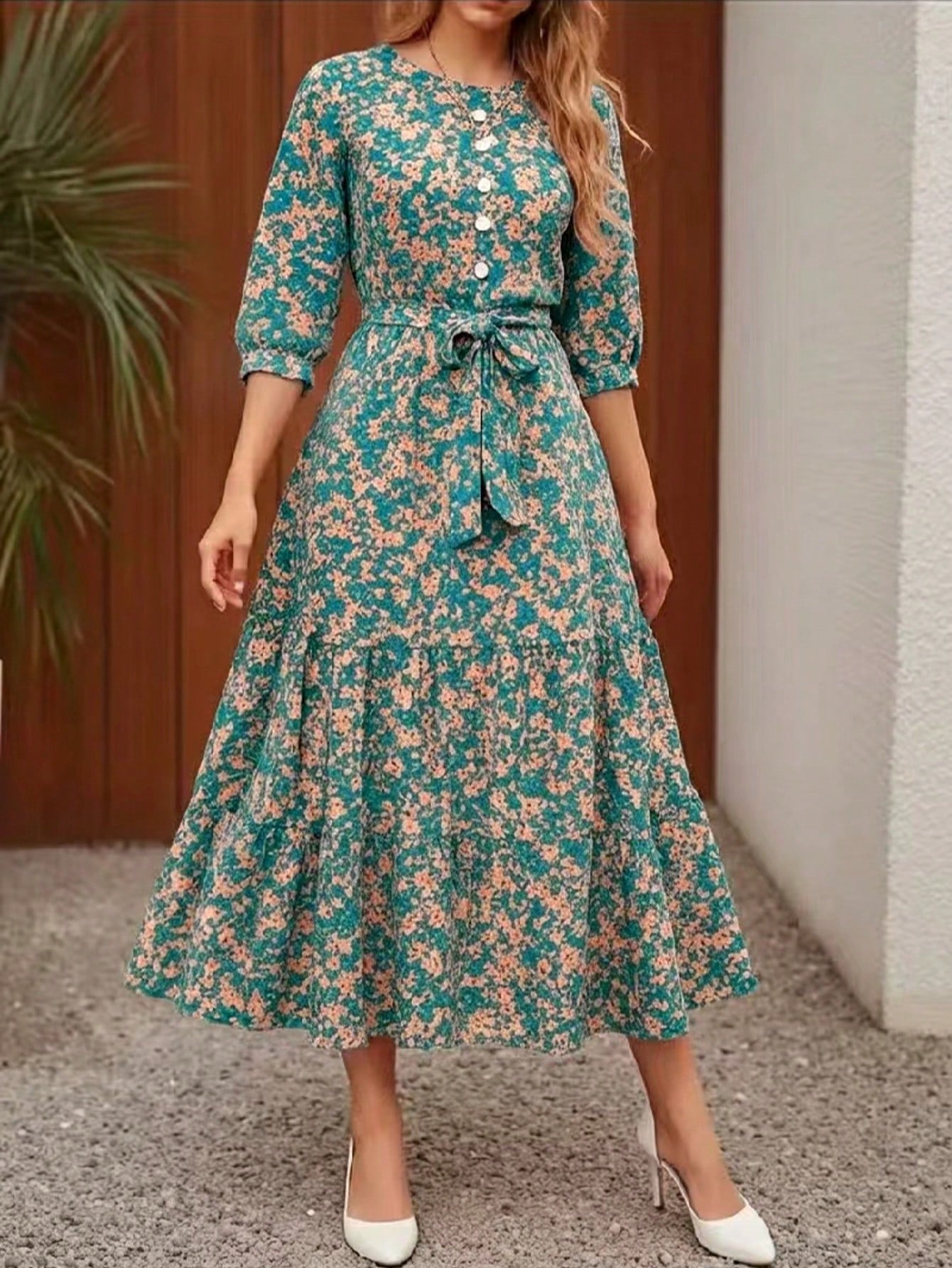 Women's Floral Print Casual Party Woven Fabric Dress With Ruffle Hem, Waist Belt, Pockets, Suitable For Vacation, Beach, Evening Date, Wedding, Office, Elegant Leisure, Spring & Autumn