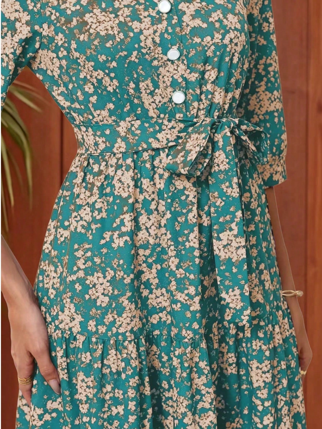 Women's Floral Print Casual Party Woven Fabric Dress With Ruffle Hem, Waist Belt, Pockets, Suitable For Vacation, Beach, Evening Date, Wedding, Office, Elegant Leisure, Spring & Autumn