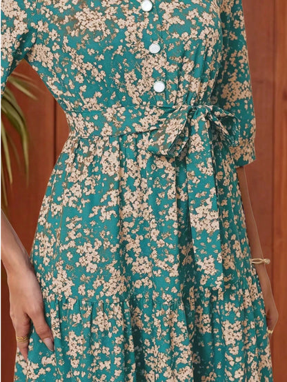 Women's Floral Print Casual Party Woven Fabric Dress With Ruffle Hem, Waist Belt, Pockets, Suitable For Vacation, Beach, Evening Date, Wedding, Office, Elegant Leisure, Spring & Autumn