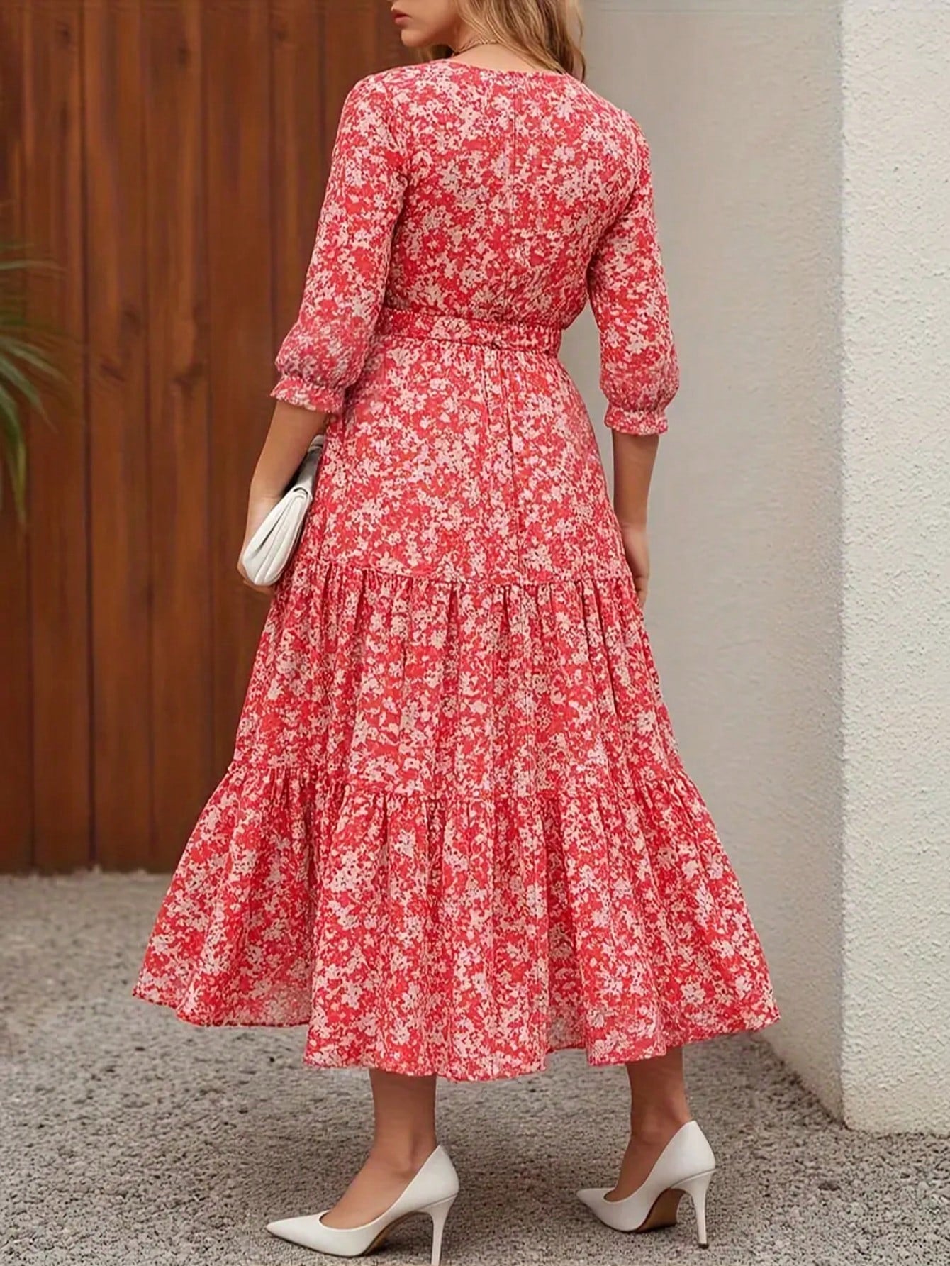 Women's Floral Print Casual Party Woven Fabric Dress With Ruffle Hem, Waist Belt, Pockets, Suitable For Vacation, Beach, Evening Date, Wedding, Office, Elegant Leisure, Spring & Autumn