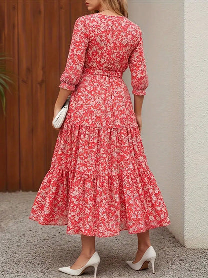 Women's Floral Print Casual Party Woven Fabric Dress With Ruffle Hem, Waist Belt, Pockets, Suitable For Vacation, Beach, Evening Date, Wedding, Office, Elegant Leisure, Spring & Autumn