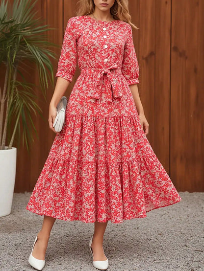 Women's Floral Print Casual Party Woven Fabric Dress With Ruffle Hem, Waist Belt, Pockets, Suitable For Vacation, Beach, Evening Date, Wedding, Office, Elegant Leisure, Spring & Autumn