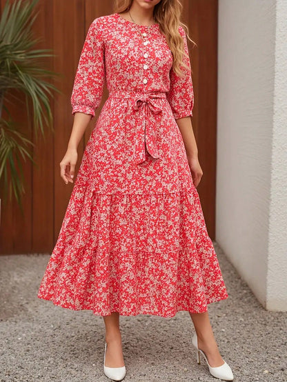 Women's Floral Print Casual Party Woven Fabric Dress With Ruffle Hem, Waist Belt, Pockets, Suitable For Vacation, Beach, Evening Date, Wedding, Office, Elegant Leisure, Spring & Autumn