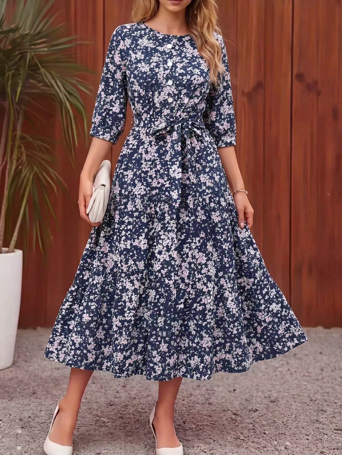 Women's Floral Print Casual Party Woven Fabric Dress With Ruffle Hem, Waist Belt, Pockets, Suitable For Vacation, Beach, Evening Date, Wedding, Office, Elegant Leisure, Spring & Autumn