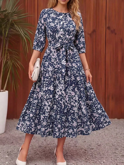 Women's Floral Print Casual Party Woven Fabric Dress With Ruffle Hem, Waist Belt, Pockets, Suitable For Vacation, Beach, Evening Date, Wedding, Office, Elegant Leisure, Spring & Autumn