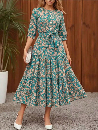 Women's Floral Print Casual Party Woven Fabric Dress With Ruffle Hem, Waist Belt, Pockets, Suitable For Vacation, Beach, Evening Date, Wedding, Office, Elegant Leisure, Spring & Autumn