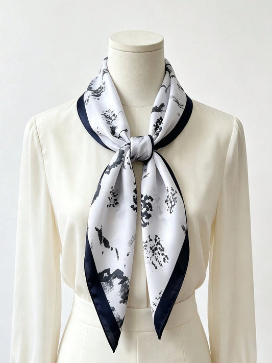 Women's Floral Print Satin Square Scarf, Black Border Minimalist Style Headscarf, Multi-Purpose Hairband/Neck Scarf/Bag Strap/Ribbon Accessory, Suitable For Daily Office Wear, Elegant Gift