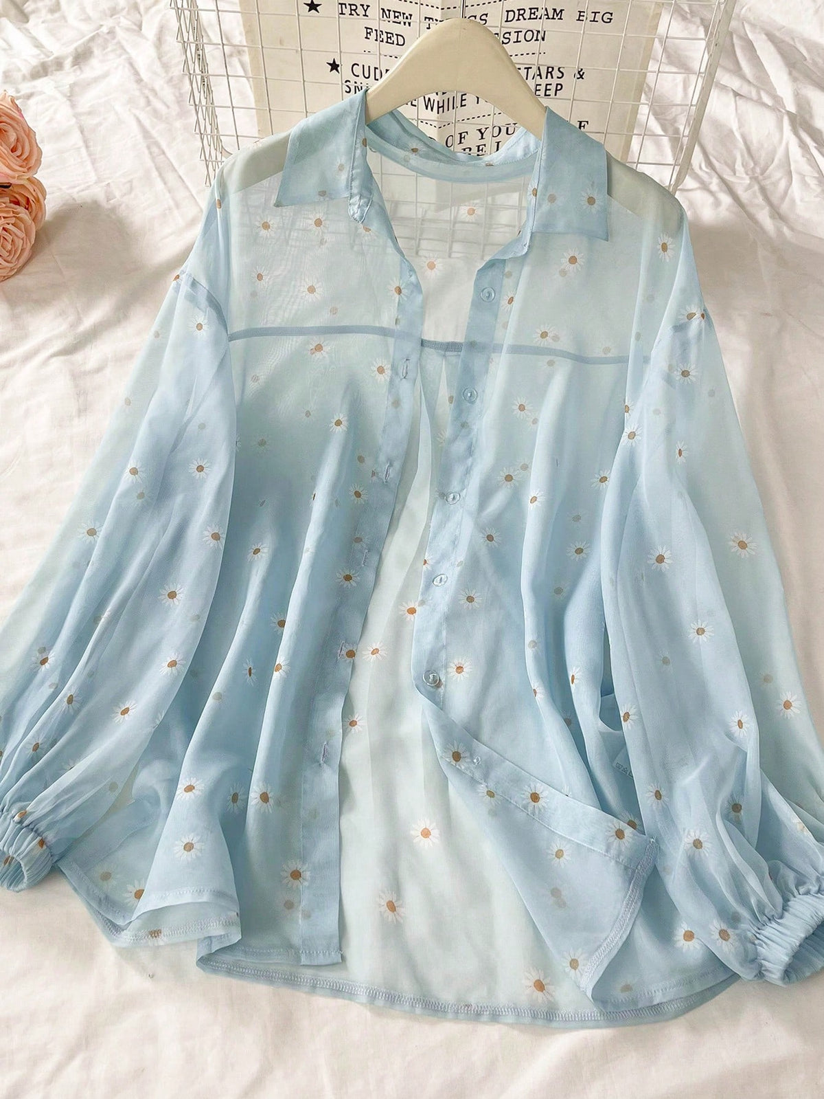 Women's Floral Print See-Through Front Button Long Sleeve Shirt