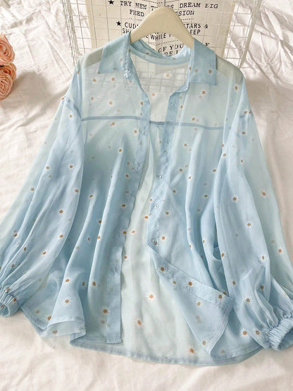 Women's Floral Print See-Through Front Button Long Sleeve Shirt