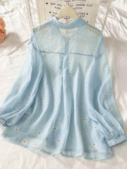 Women's Floral Print See-Through Front Button Long Sleeve Shirt