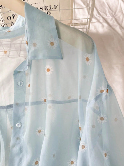Women's Floral Print See-Through Front Button Long Sleeve Shirt