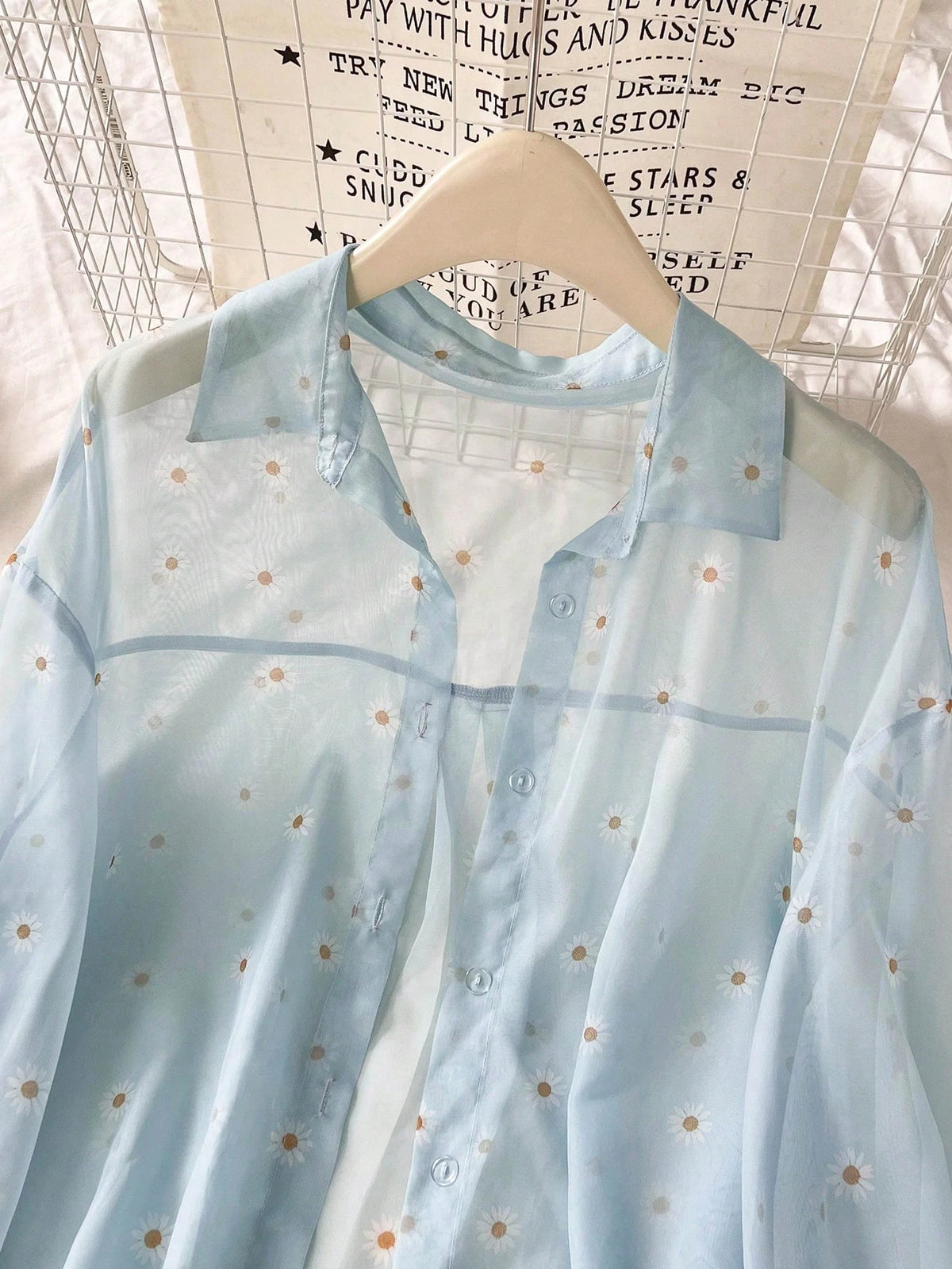 Women's Floral Print See-Through Front Button Long Sleeve Shirt
