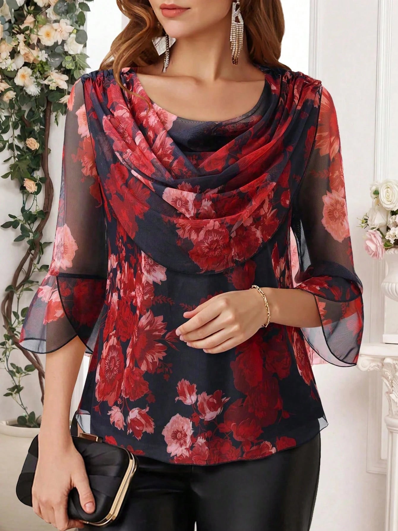 Women's Formal Casual 3/4 Sleeve Flare Collar Shiny Blouse, Cocktail Party Shirt Vacation Black