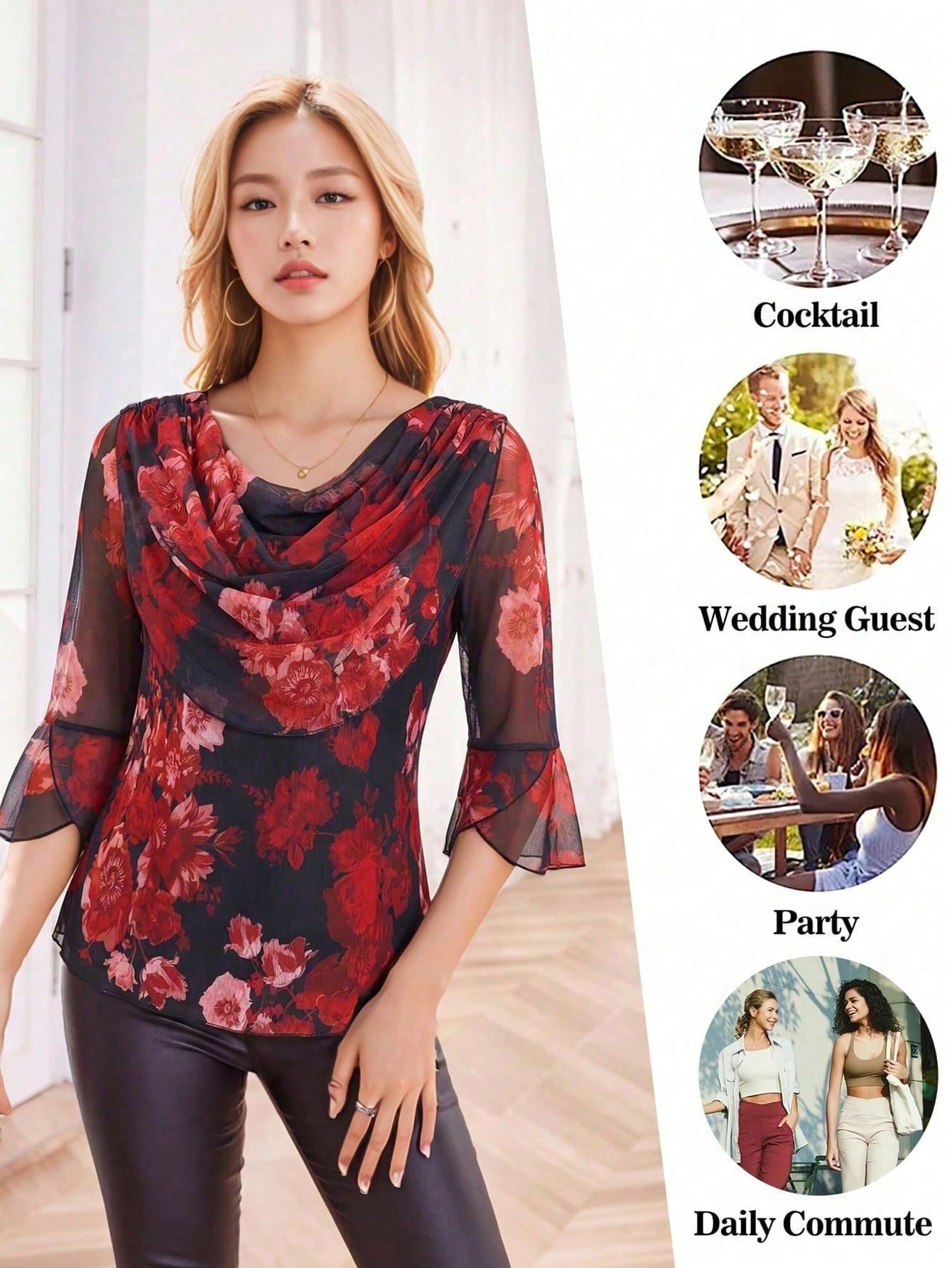 Women's Formal Casual 3/4 Sleeve Flare Collar Shiny Blouse, Cocktail Party Shirt Vacation Black