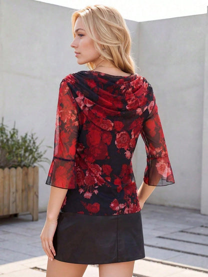 Women's Formal Casual 3/4 Sleeve Flare Collar Shiny Blouse, Cocktail Party Shirt Vacation Black