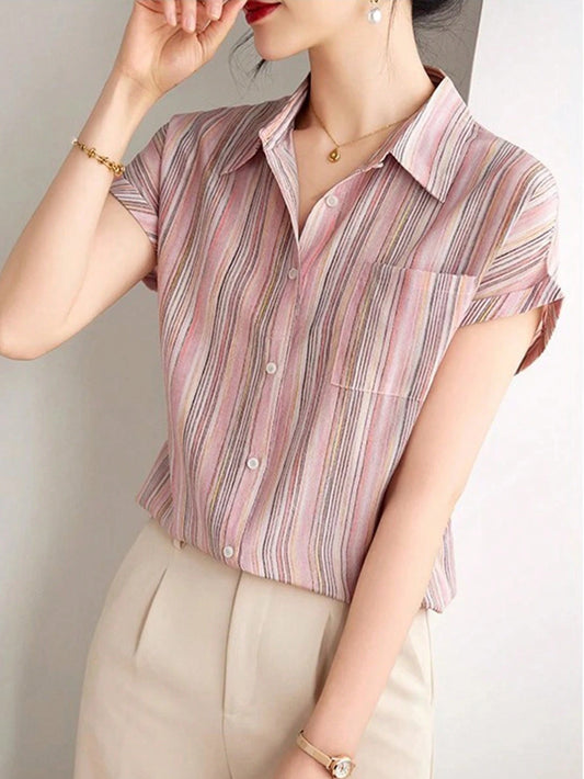 Women's French Shirt, Summer Ladies Casual Short Sleeve Flowing Shirt, Fashionable Printed Shirt, Elegant Ladies Shirt, Suitable For Shopping, Travel, Independence Day Ladies Top Pink