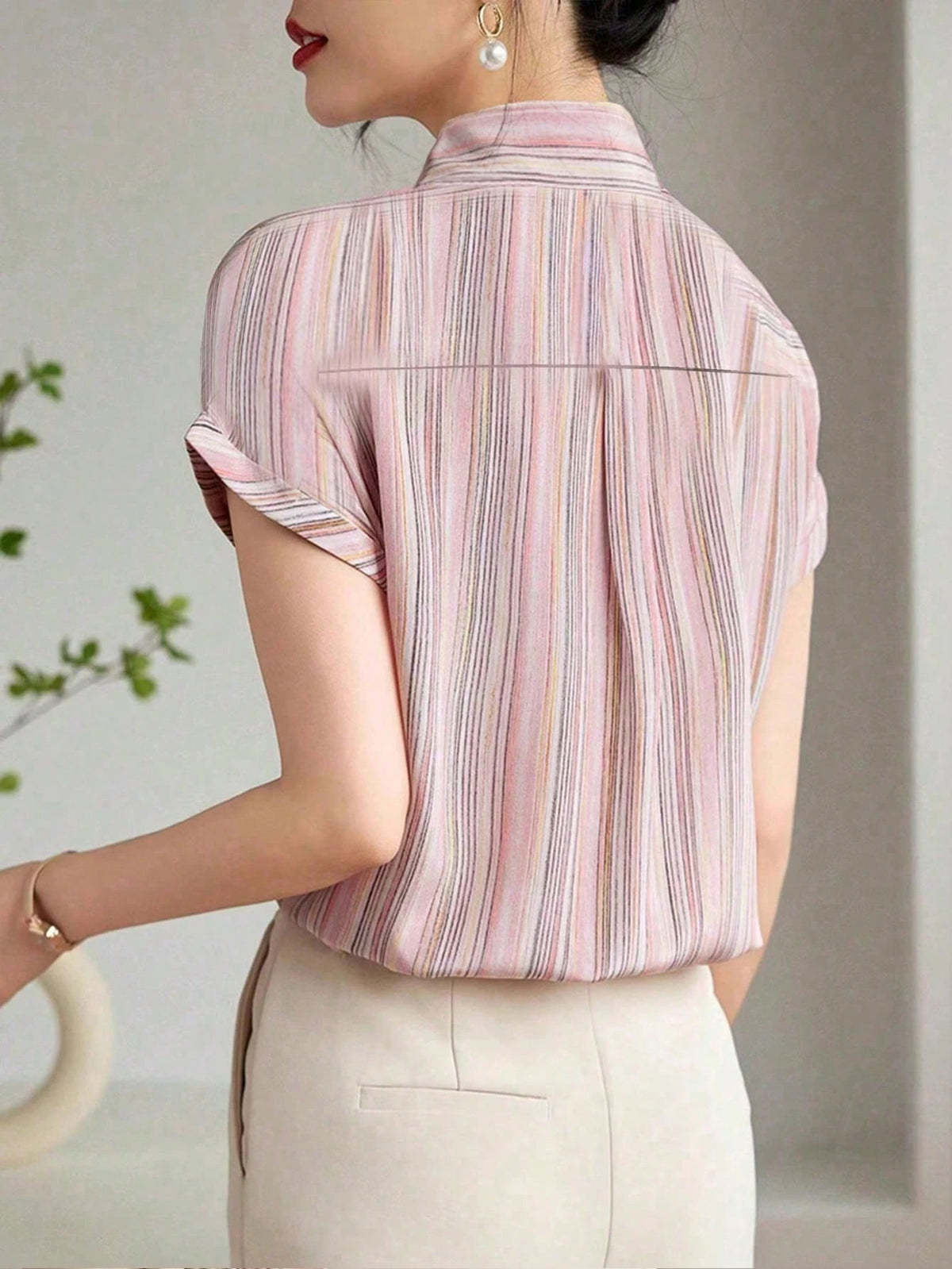 Women's French Shirt, Summer Ladies Casual Short Sleeve Flowing Shirt, Fashionable Printed Shirt, Elegant Ladies Shirt, Suitable For Shopping, Travel, Independence Day Ladies Top Pink