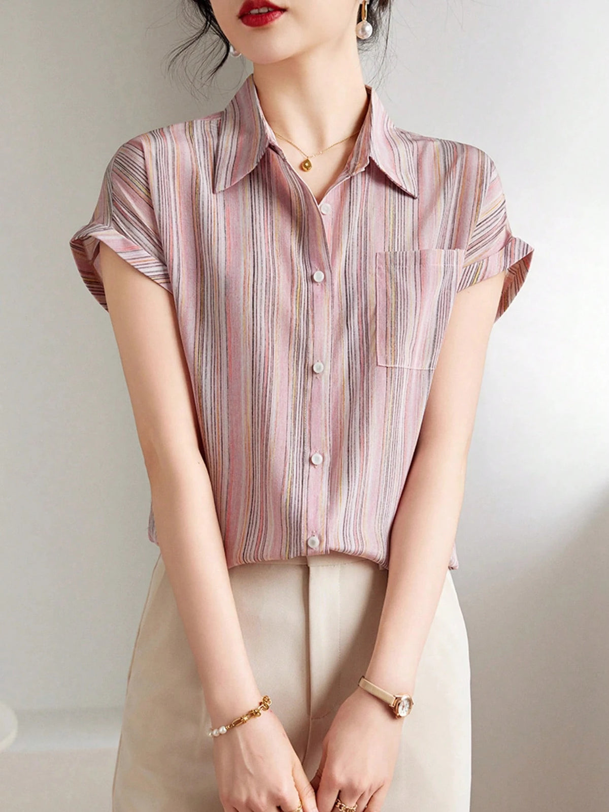 Women's French Shirt, Summer Ladies Casual Short Sleeve Flowing Shirt, Fashionable Printed Shirt, Elegant Ladies Shirt, Suitable For Shopping, Travel, Independence Day Ladies Top Pink