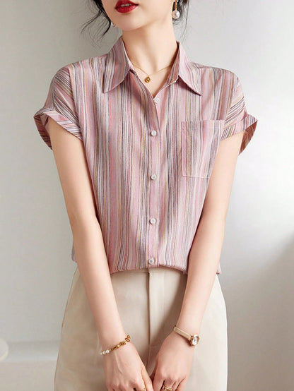 Women's French Shirt, Summer Ladies Casual Short Sleeve Flowing Shirt, Fashionable Printed Shirt, Elegant Ladies Shirt, Suitable For Shopping, Travel, Independence Day Ladies Top Pink