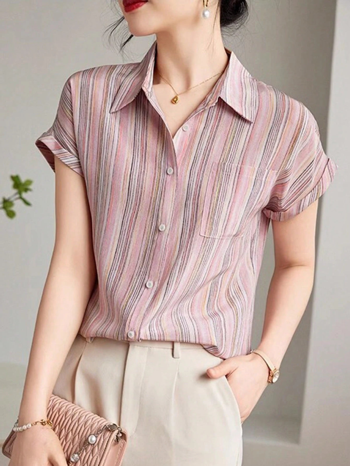 Women's French Shirt, Summer Ladies Casual Short Sleeve Flowing Shirt, Fashionable Printed Shirt, Elegant Ladies Shirt, Suitable For Shopping, Travel, Independence Day Ladies Top Pink