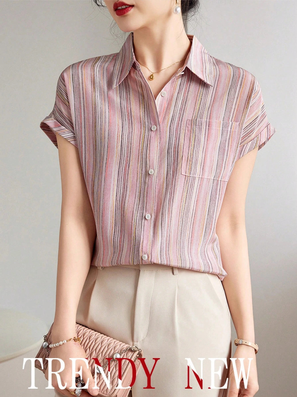 Women's French Shirt, Summer Ladies Casual Short Sleeve Flowing Shirt, Fashionable Printed Shirt, Elegant Ladies Shirt, Suitable For Shopping, Travel, Independence Day Ladies Top Pink