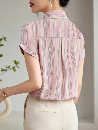 Women's French Shirt, Summer Ladies Casual Short Sleeve Flowing Shirt, Fashionable Printed Shirt, Elegant Ladies Shirt, Suitable For Shopping, Travel, Independence Day Ladies Top Pink