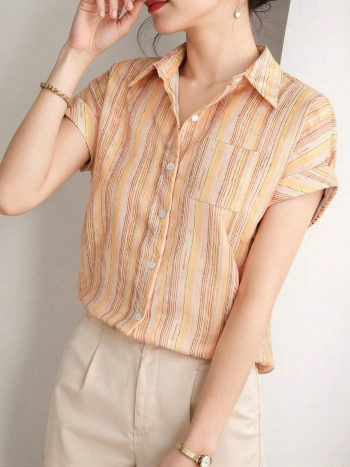 Women's French Shirt, Summer Ladies Casual Short Sleeve Flowing Shirt, Fashionable Printed Shirt, Elegant Ladies Shirt, Suitable For Shopping, Travel, Independence Day Ladies Top Pink