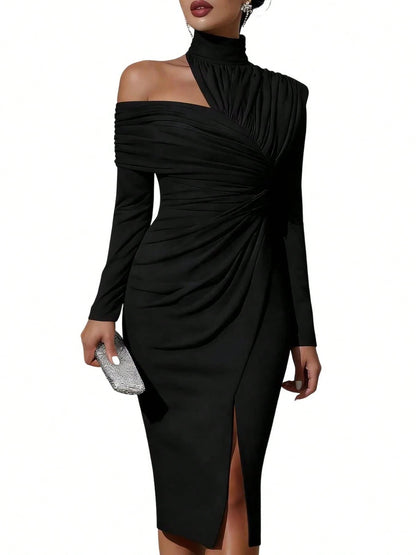 Women's French Summer Fashion Solid Color Elegant Asymmetric Design Olive Green Hanging Neck Off Shoulder Folded Long Sleeve Split Wrap Hip Dress