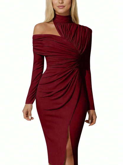 Women's French Summer Fashion Solid Color Elegant Asymmetric Design Olive Green Hanging Neck Off Shoulder Folded Long Sleeve Split Wrap Hip Dress