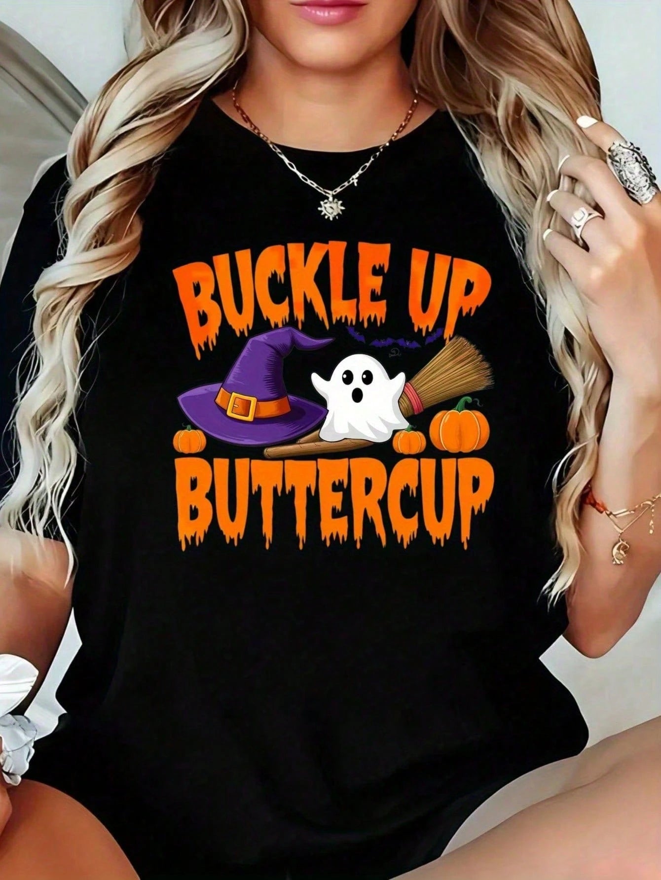 Women'S Halloween Raglan T-Shirt- Black Witch Hat & Pumpkin BUCKLE UP BUTTERCUP Print, Casual Round Neck Short Sleeve Top With Spooky Bats & Cobwebs