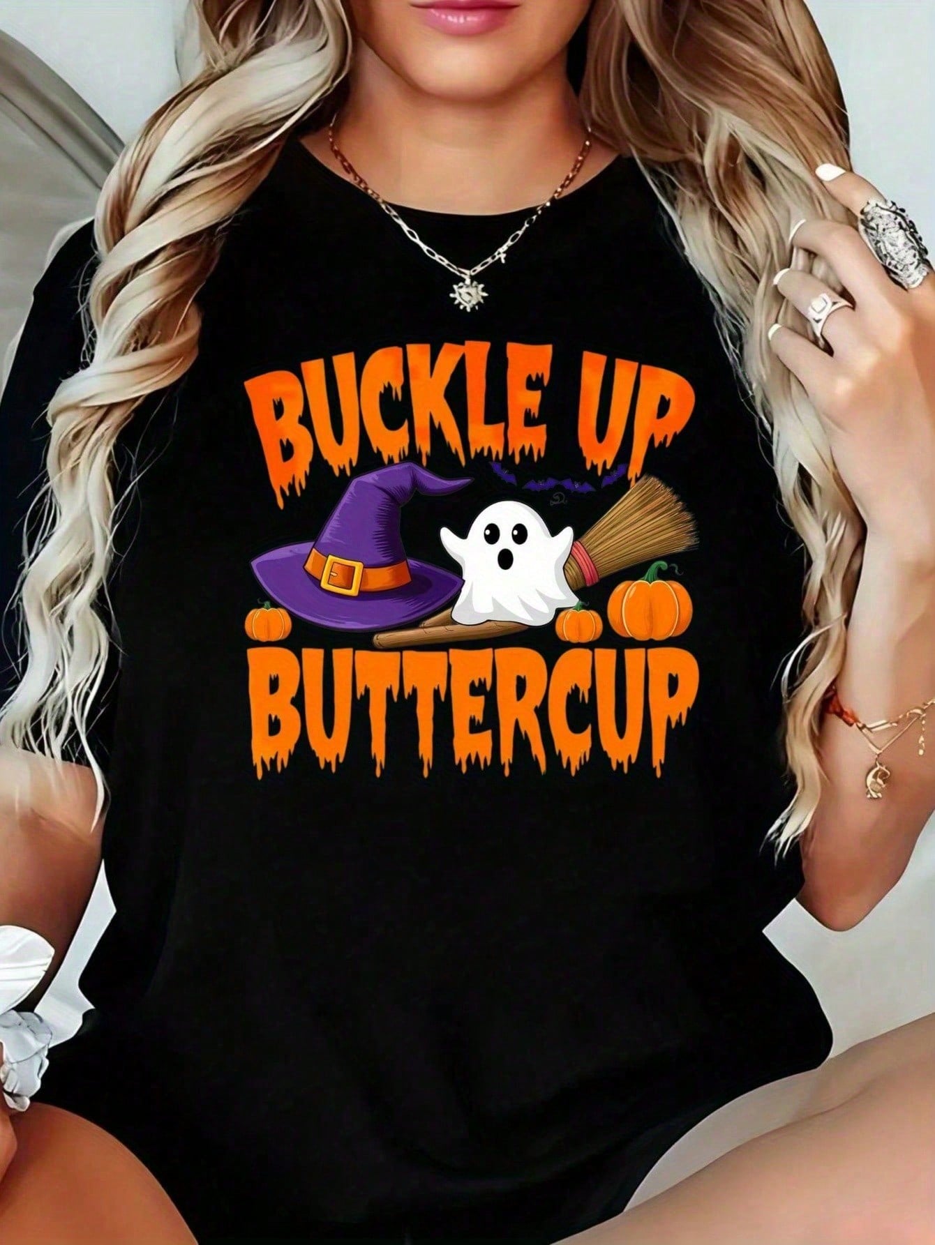 Women'S Halloween Raglan T-Shirt- Black Witch Hat & Pumpkin BUCKLE UP BUTTERCUP Print, Casual Round Neck Short Sleeve Top With Spooky Bats & Cobwebs