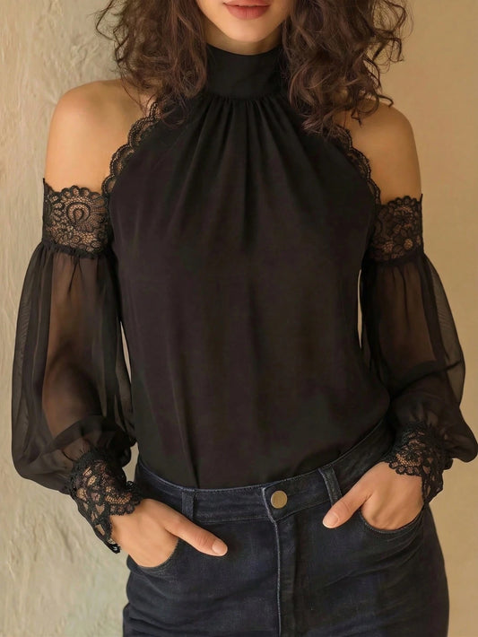 Women's Halter Neck Cold Shoulder Long Sleeve Blouse Black