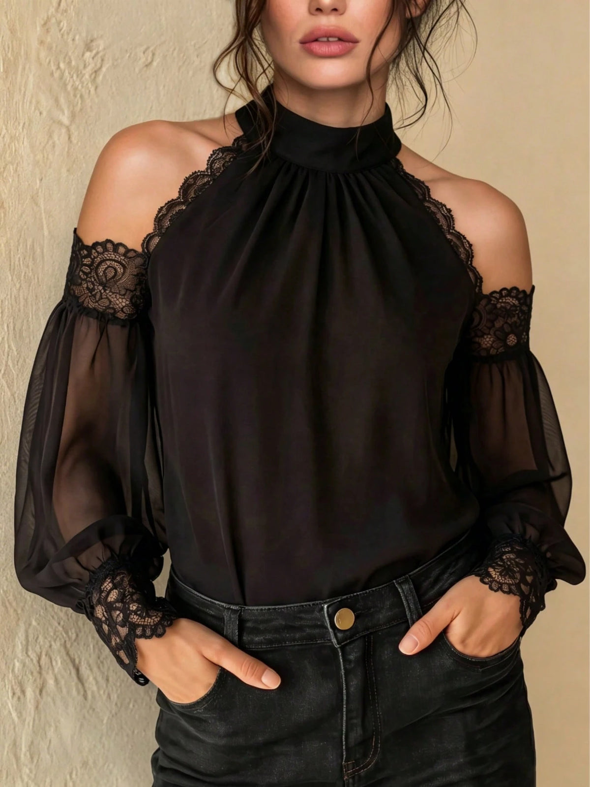 Women's Halter Neck Cold Shoulder Long Sleeve Blouse Black