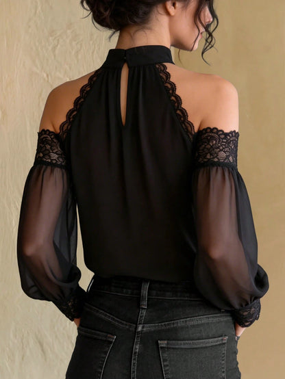 Women's Halter Neck Cold Shoulder Long Sleeve Blouse Black