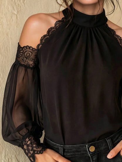 Women's Halter Neck Cold Shoulder Long Sleeve Blouse Black